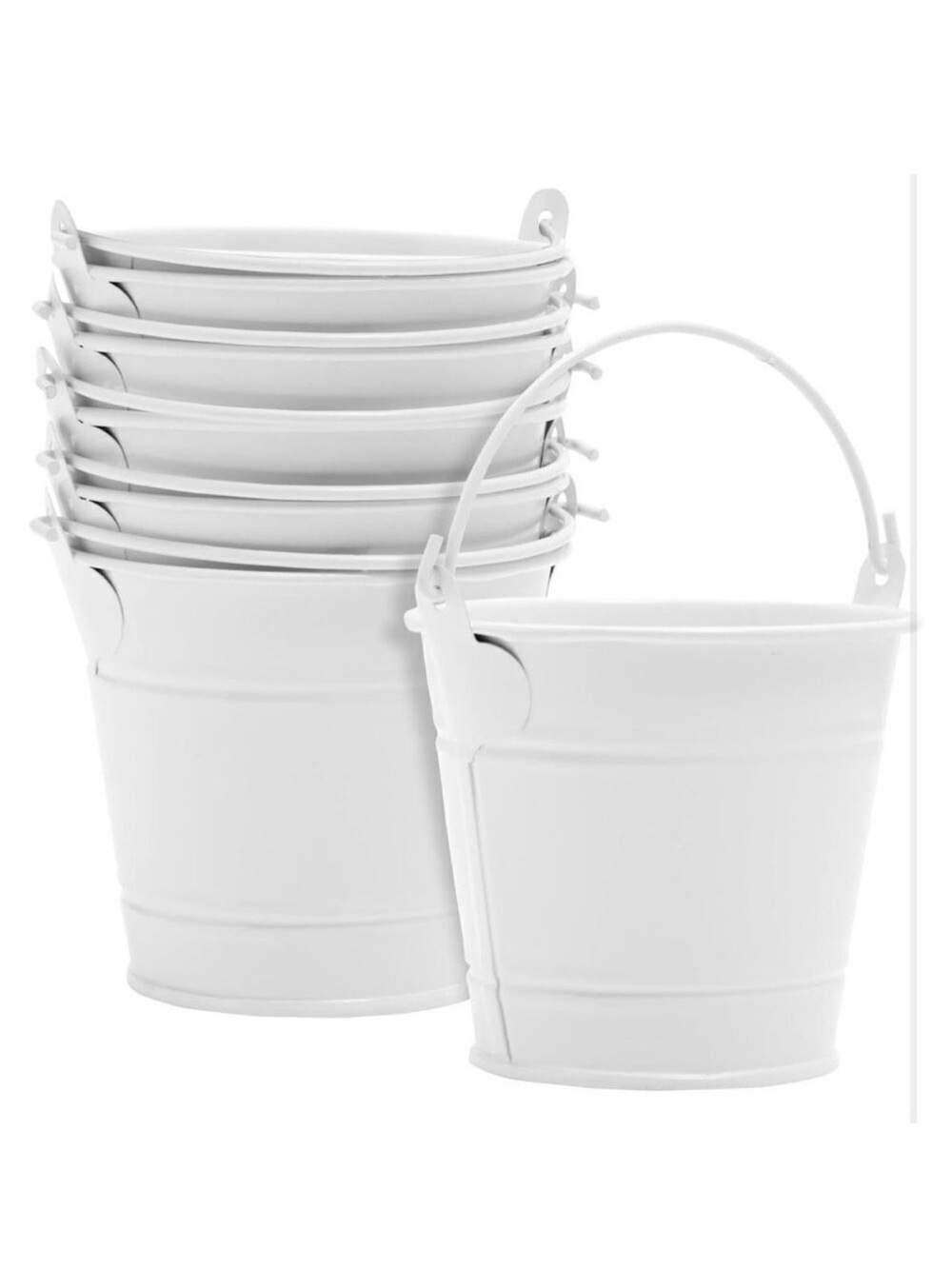 New 6 White Metal Tins Little 2.25”H Buckets w/ Handle Party / Wedding Favor Kit